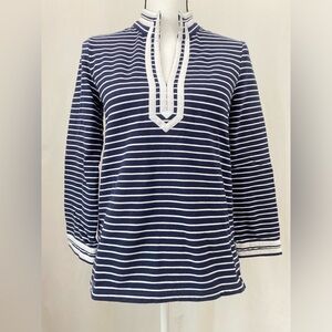 Talbots Navy and White Striped Top Petite size P ((0-2) XS Nautical 3/4 Sleeve